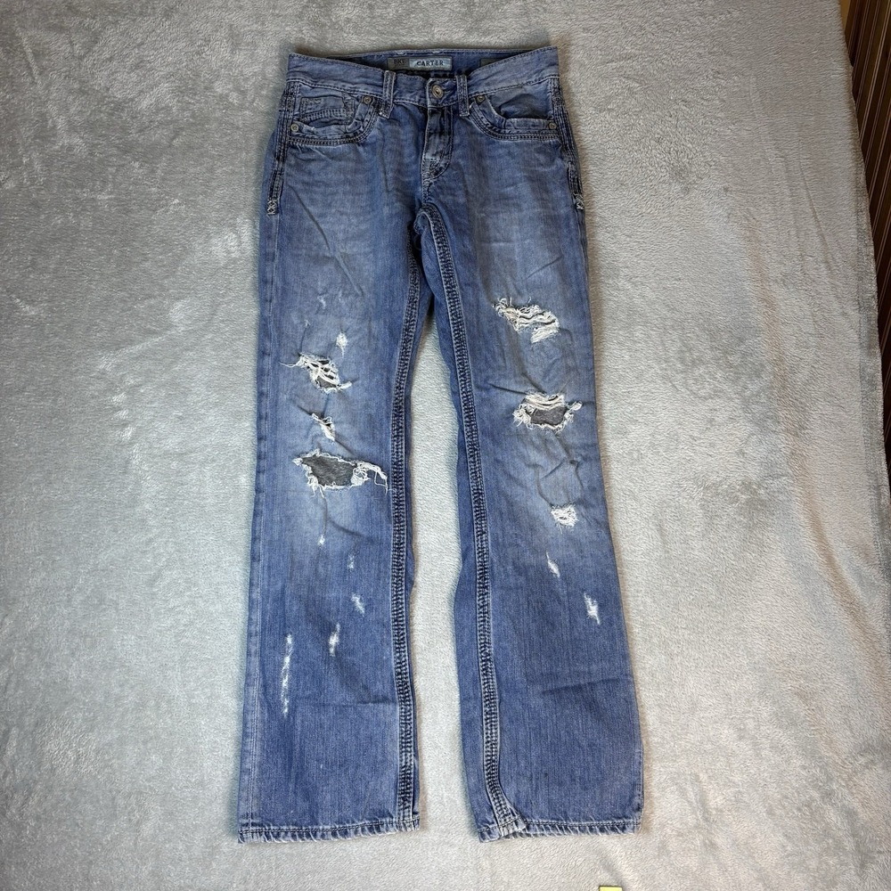 BKE Jeans Bootleg Carter Mens 29L Blue Jeans Stretch Denim Whiskers